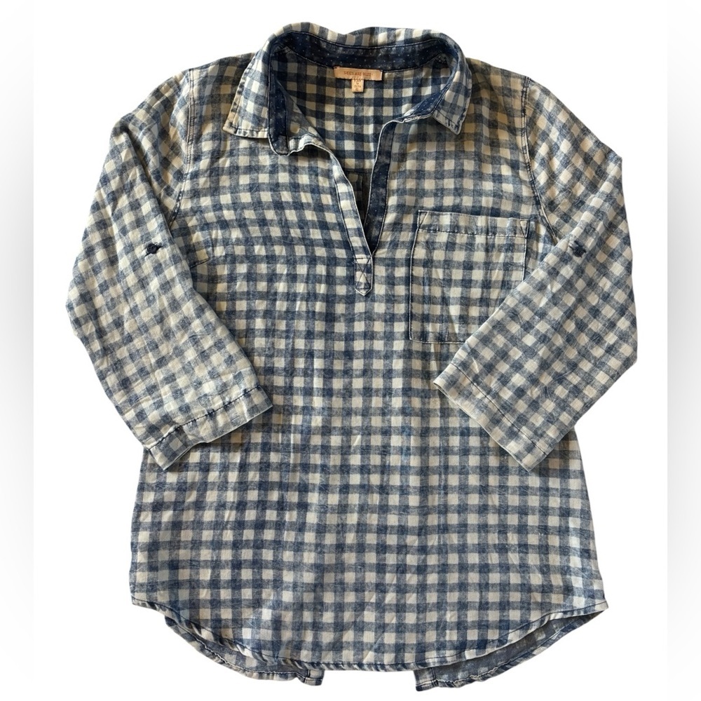 Blue & White Gingham Cotton Pullover Shirt | Back Button Detail | Casual XL